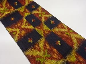 手織り紬変わり市松に幾何学模様織出し名古屋帯